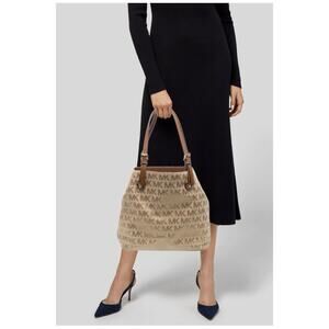 Michael Kors MK Logo Jacquard Tote Bag Tan Brown Leather Trim Shoulder Purse